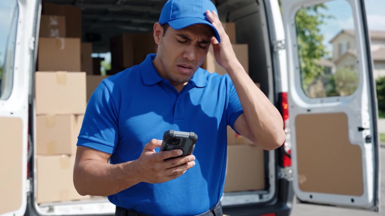 Delivery Personnel Monitoring Packages and Tasks Through Their Mobile Device While Surrounded by Boxes in a Van
