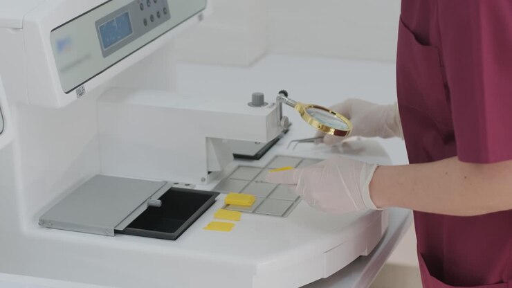 The laboratory assistant conducts a histological examination, microtoming. The section of the rotary microtome for the diagnosis of pathology makes a histological microscope slide. Waxing a tissue sample.
