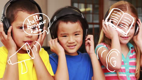 animación de iconos escolares sobre niños de escuela que usan auriculares en la escuela