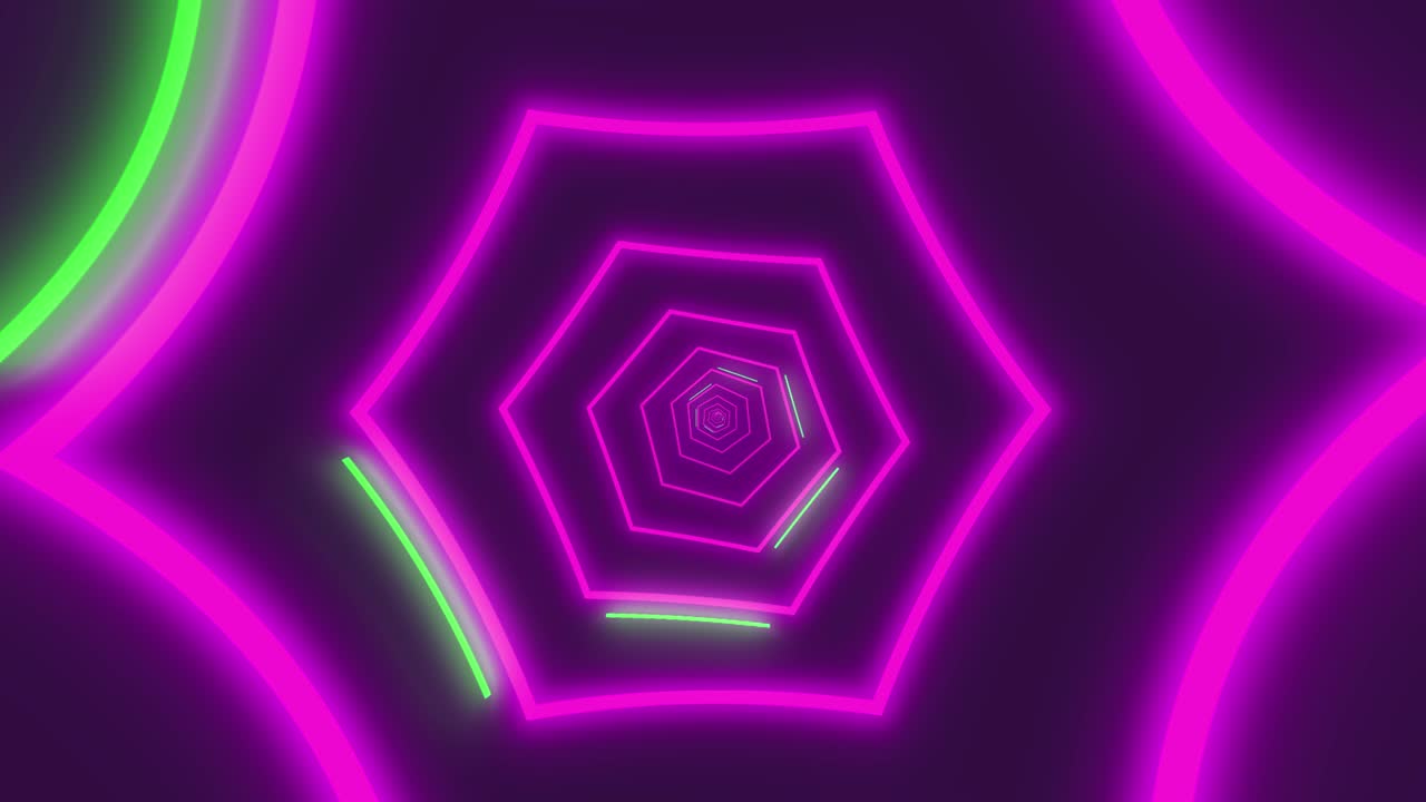 Hypnoottisesti pyörivä kuusikulmainen loputon tunneli hehkuen neonpurppuran värisenä keltaisilla yksityiskohdilla.