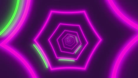 hypnotic spinning hexagonal endless tunnel glowing in neon purple colour with yellow details