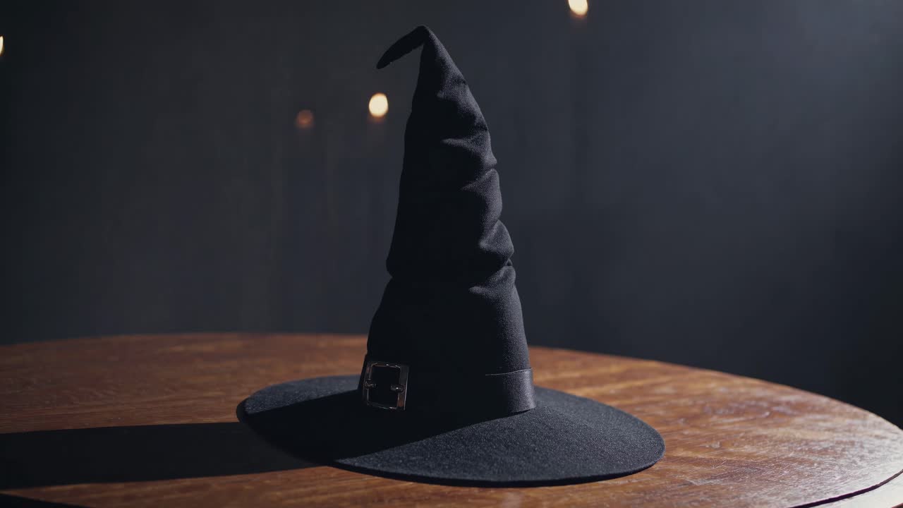 A witch's hat on a wooden table, captured in a dimly lit setting
