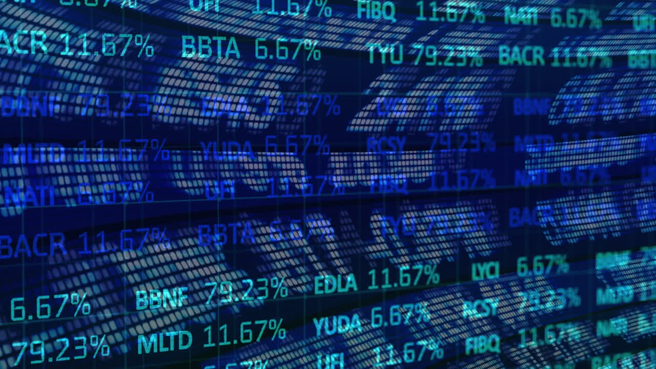 Animation of financial data processing over black background