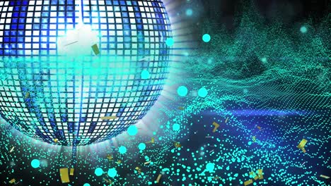 animación de bola de discoteca giratoria y olas sobre fondo negro.