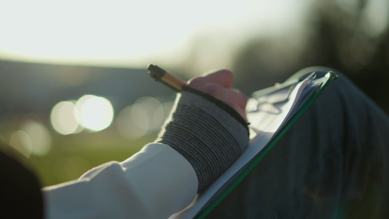 고요한 글쓰기 시간, 저녁 저널링 세션 동안 아이디어를 떠올리는 창의적인 개인, 석양과 자연으로 둘러싸인 환경 속에서 펜을 들고 통찰력을 숙고하는 작가
