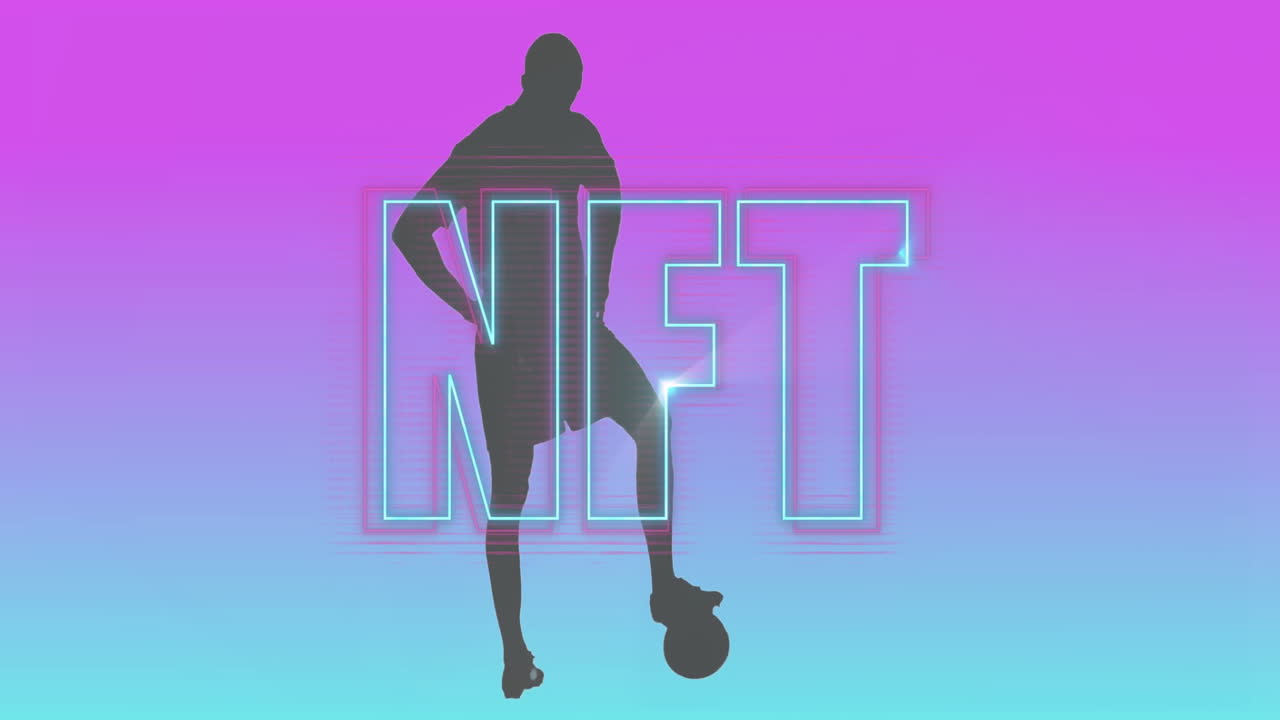 Animation of person with soccer ball over vibrant NFT text and gradient background