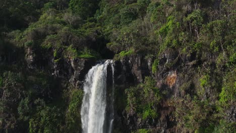cascada panorámica se sumerge sobre el borde del acantilado de la jungla en la costa norte de maui, drone slomo