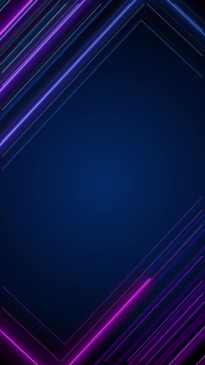 Cornice neon blu viola con linee diagonali luminose, spazio centrale scuro e stile geometrico moderno