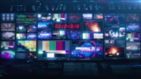 defocused tv broadcast news studio video control room screens - loop 4k