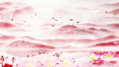 serene pink lotus flowers and misty mountain landscape with flying birds