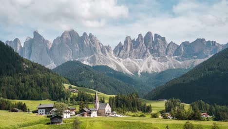 time lapse of world famous landscape of the dolomites as seen from val de funes in italian alps