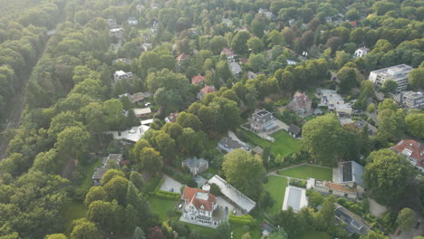 aerial of luxurious mansions in a rich, green neighborhood