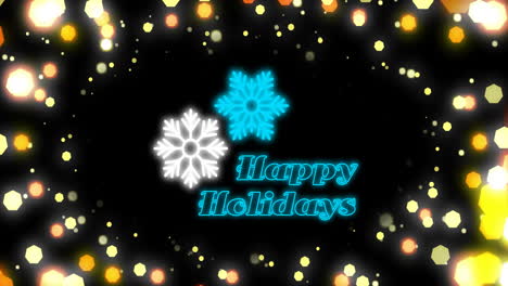 animation of lens flares around snowflakes and happy holiday text over black background