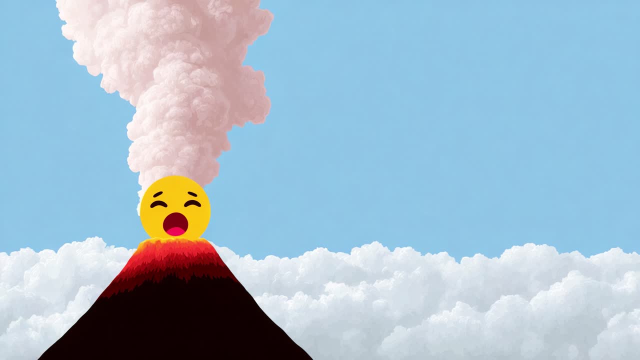 A whimsical and colorful volcanic eruption featuring a joyful emoji character, spewing pink smoke amidst fluffy clouds against a clear blue sky, reflecting playful imagination in nature