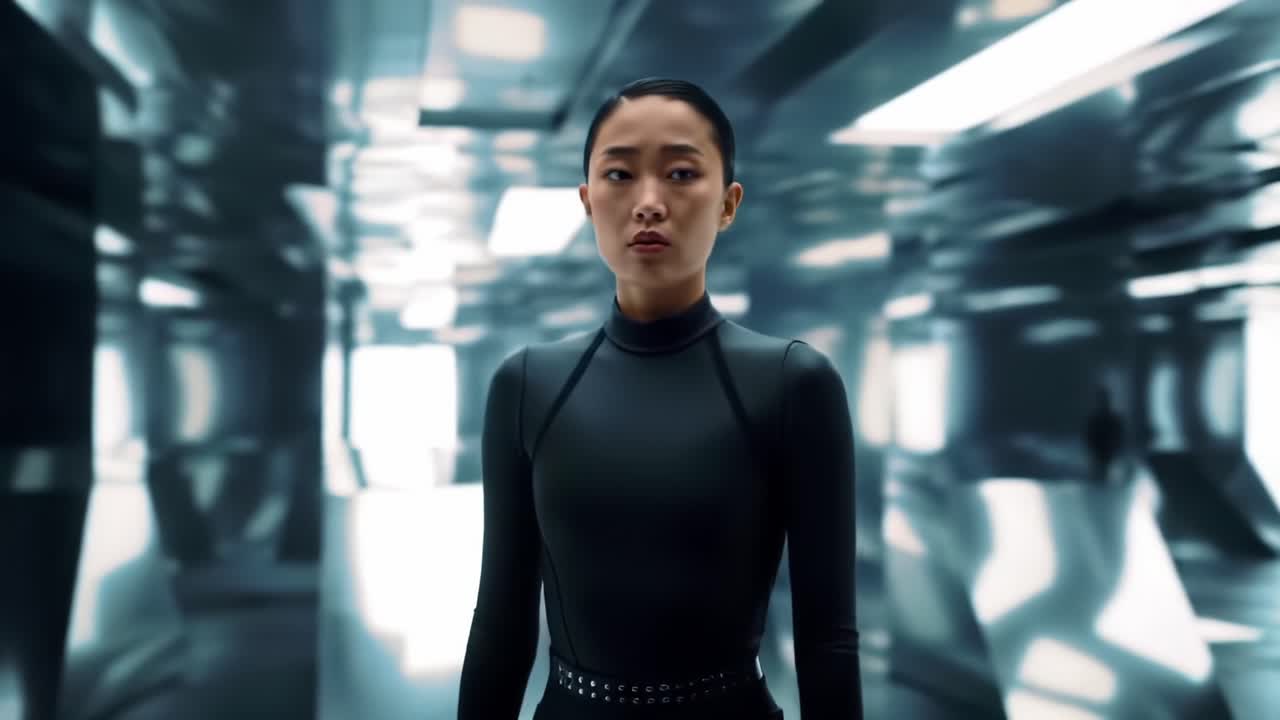 A contemplative figure stands in a futuristic, reflective environment, exploring themes of introspection, identity, and emotion through a striking visual narrative