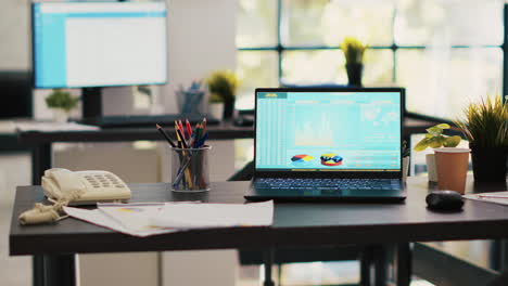 trading index listings displayed on notebook screen in office, panning shot