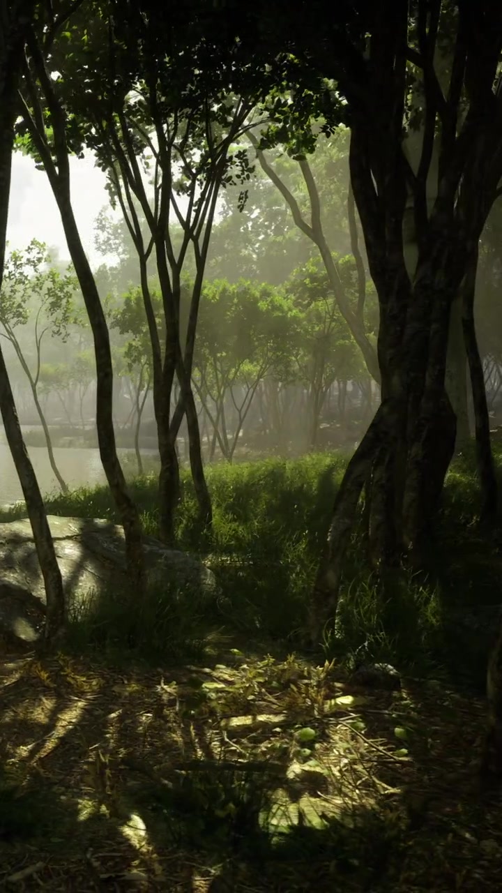 La luce del sole filtra tra gli alberi vicino all'acqua in una foresta durante il giorno.