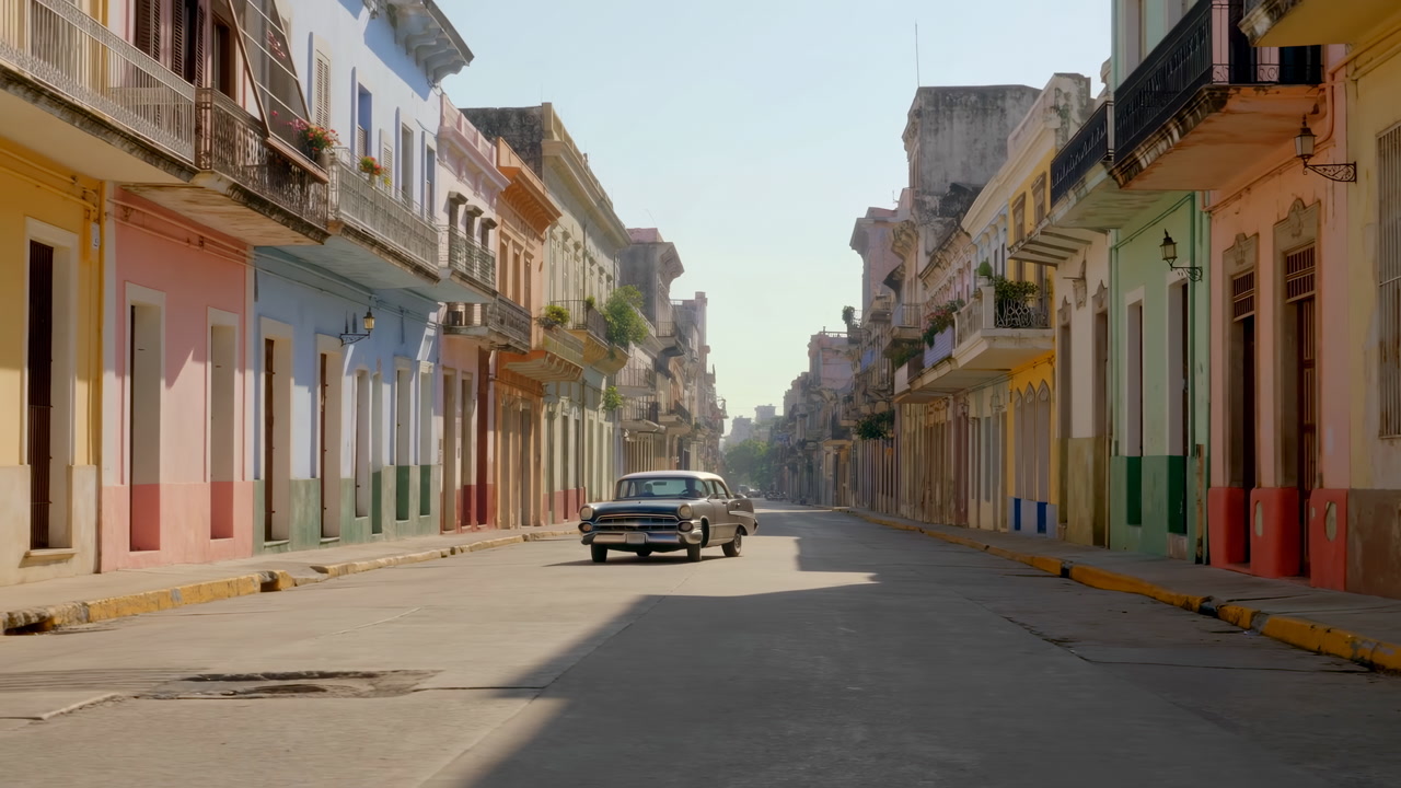 Empty Pastel Street With Classic Car. Sunlit Colonial Facades And Balconies, Long Shadows Stretching