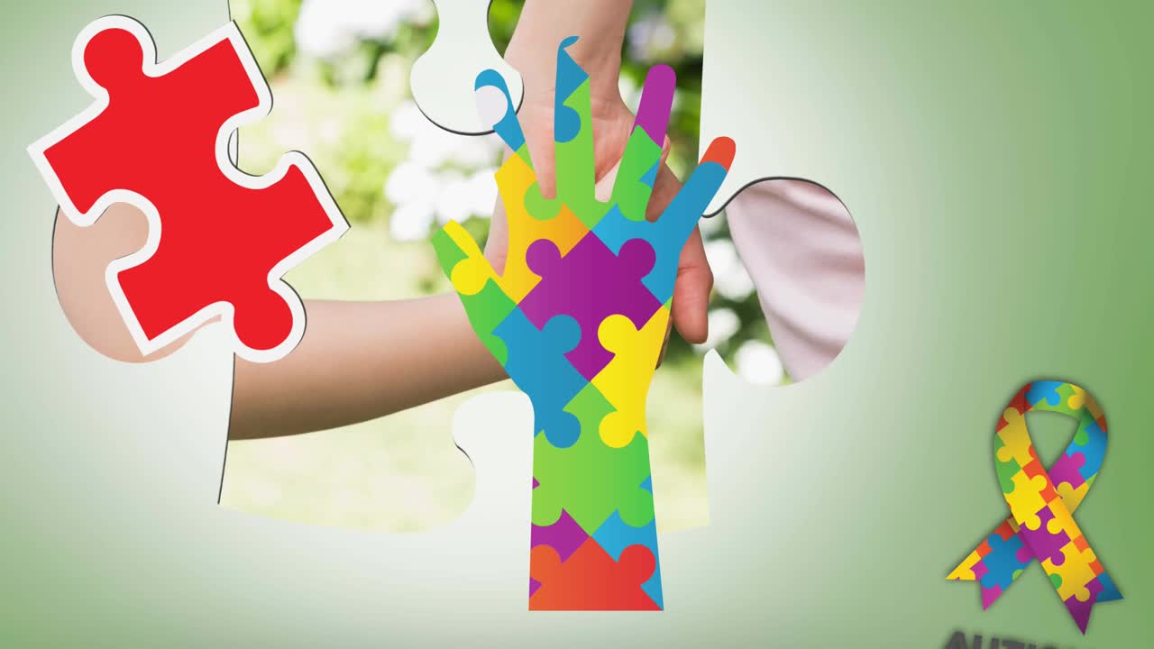 다채로운 퍼즐 조각의 애니메이션 어머니와 자녀를 넘겨주십시오.