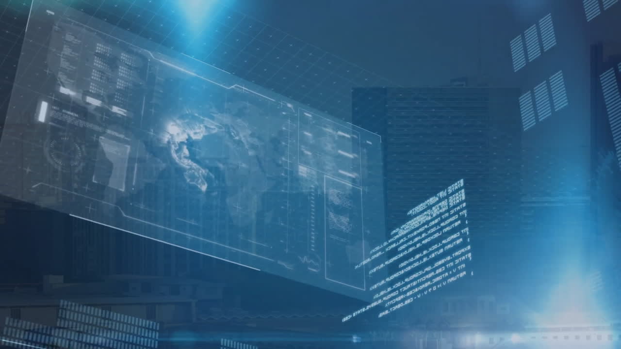 디지털 세계 지도 및 데이터 분석 애니메이션 도시 풍경 배경