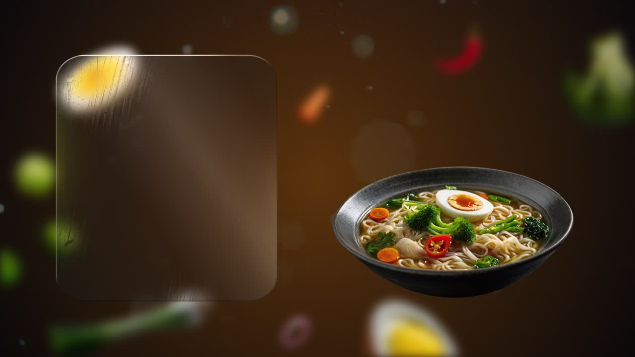Veggie Ramen in a clear soup with egg, broccoli, carrot and red hot pepper on dramatic orange background – perfect for adding daily specials on the built-in glass frame