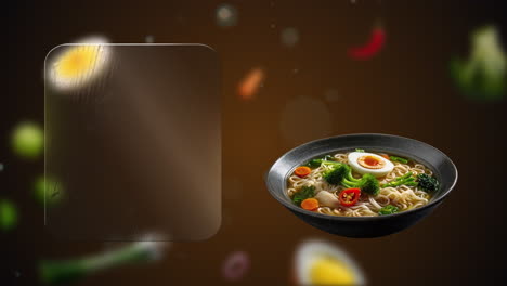 veggie ramen in a clear soup with egg, broccoli, carrot and red hot pepper on dramatic orange background – perfect for adding daily specials on the built-in glass frame