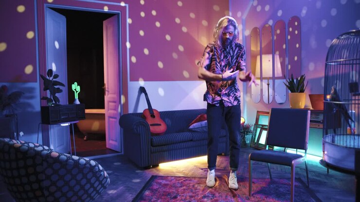 Young stylish caucasian man with long hair in headphones and glasses dancing energetically in a retro party at home