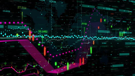 animación del procesamiento de datos financieros sobre una cuadrícula sobre un fondo oscuro