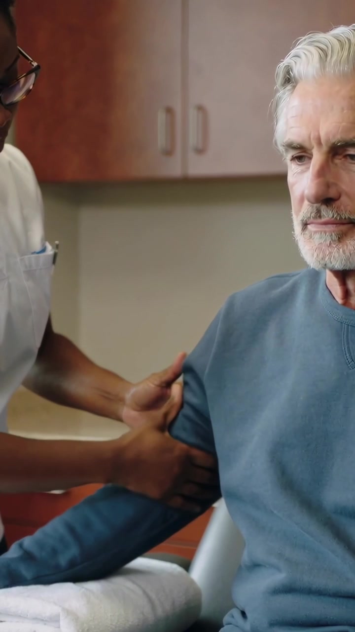 Video verticale: Infermiera in divisa bianca che posiziona un asciugamano e palpa il braccio di un anziano, valutando il tono muscolare in una clinica con tonalità blu.