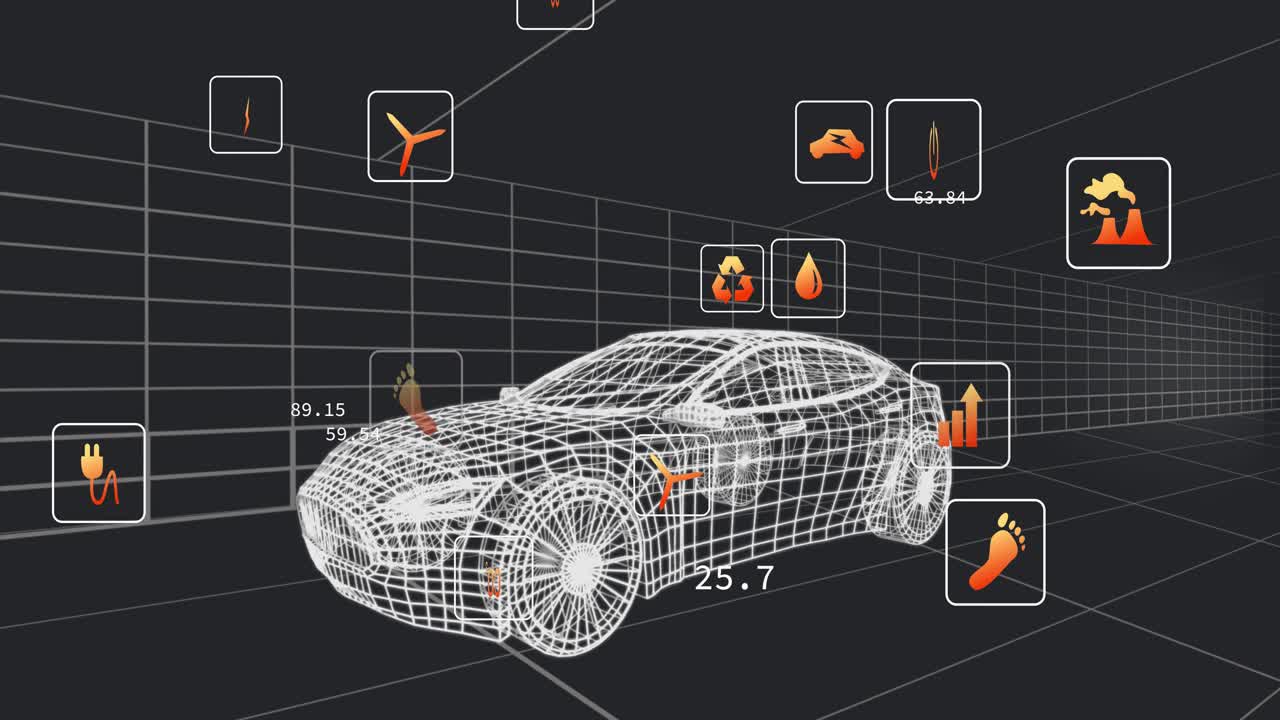 Sequenza che inizia con un modello wireframe di auto sportiva che appare in una stanza a griglia, mentre icone animano metriche ecologiche.