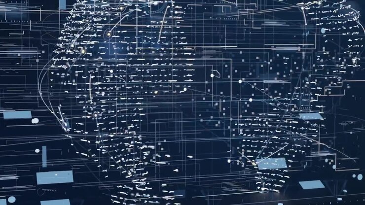 Animating data globe rotating after first frame revealing left side in HUD, showing connecting arcs