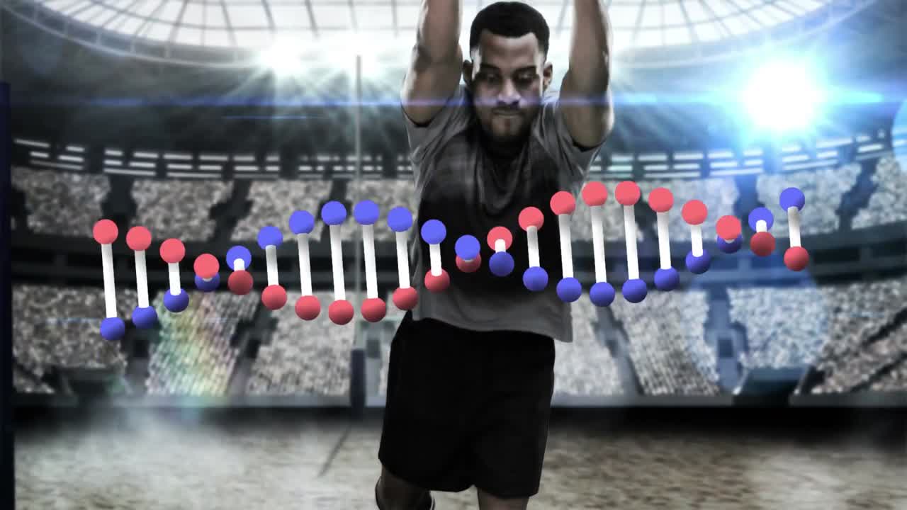 animación de la cadena de adn sobre el jugador de rugby en el estadio