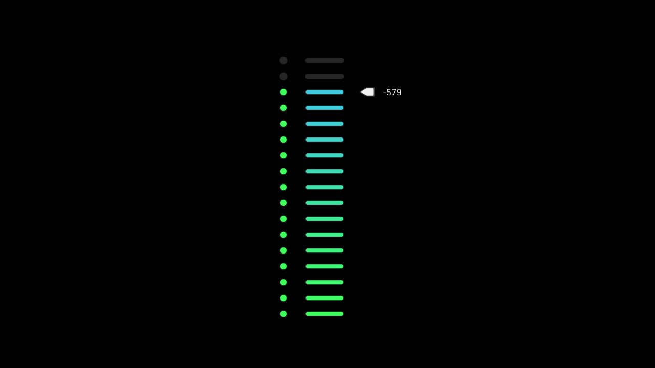 Animated vertical equalizer or measurement scale with a blue and green gradient, fluctuating numbers, and markers. Futuristic HUD element for data display