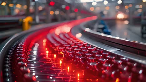 bottles on a production line with red lighting in a factory