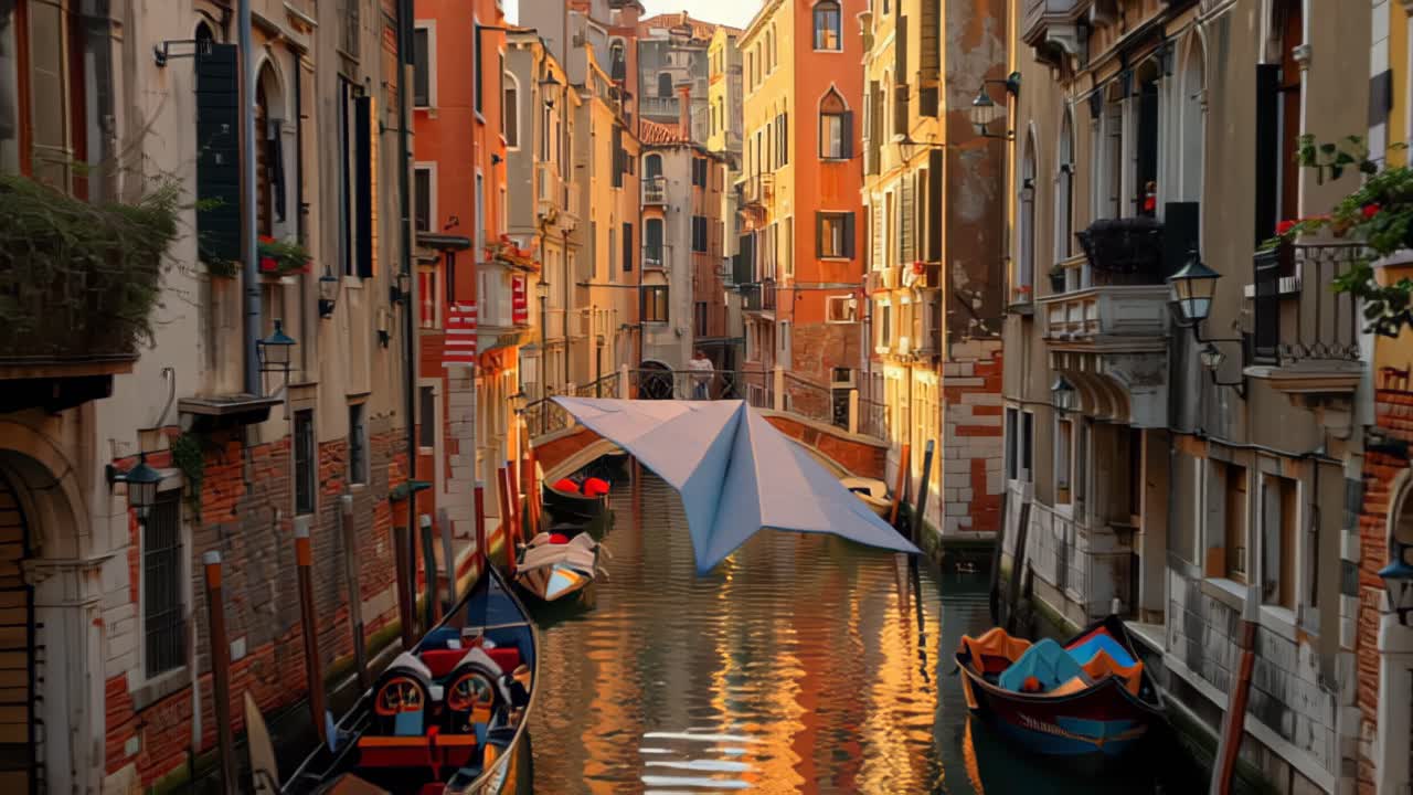 Filmato onirico di un gigantesco aeroplano di carta che fluttua lungo uno stretto canale europeo fiancheggiato da colorati edifici storici e gondole all'ora d'oro, mescolando paesaggi di viaggio con fantasia giocosa.