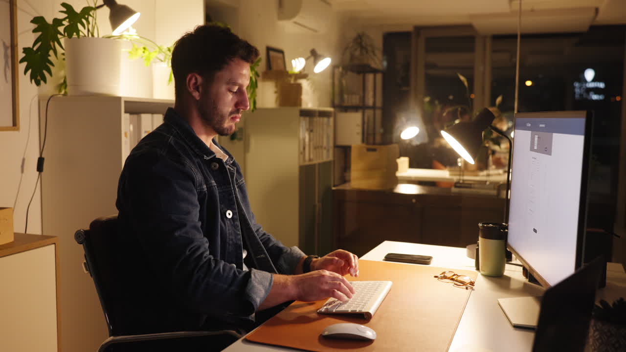 Man working at his desk on a computer at night