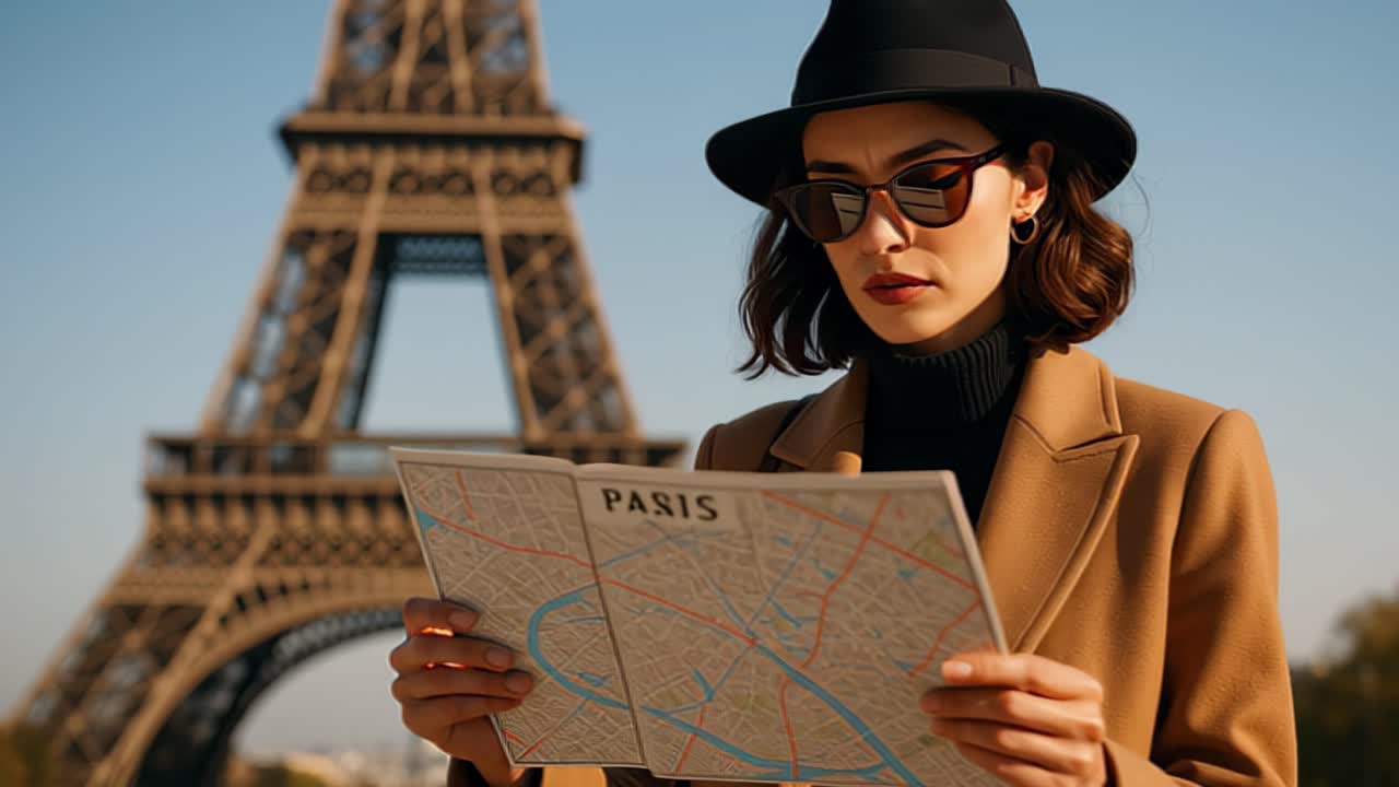 Elegante turista donna con cappello e occhiali da sole che legge una mappa di Parigi, con la Torre Eiffel sullo sfondo, concetto di viaggio all'aperto soleggiato in Francia.