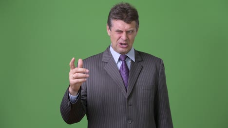 mature handsome businessman against green background