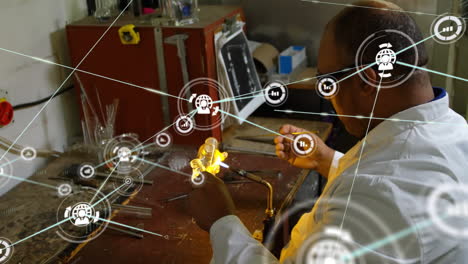 animation of network of connections and data processing over biracial male scientist