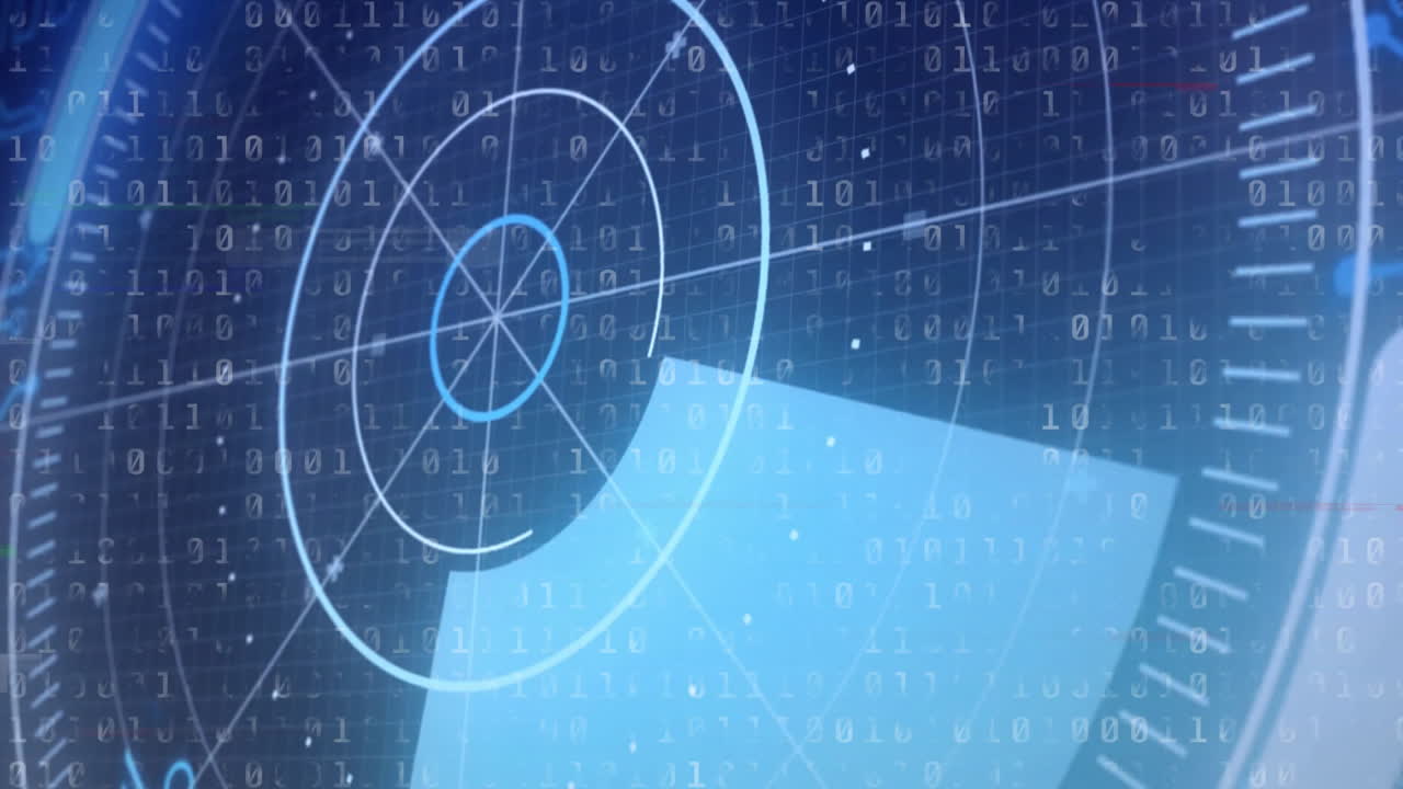 Concentric radar graphic rotating in animated illustration, displaying binary code overlay and grid