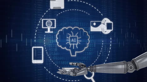 animación del procesamiento de datos y iconos de ia sobre el brazo robótico