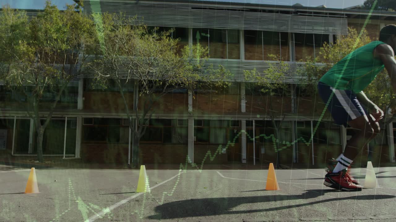 Man starting low dribble, weaving cones with ball for sports drill, green overlay tracking motion