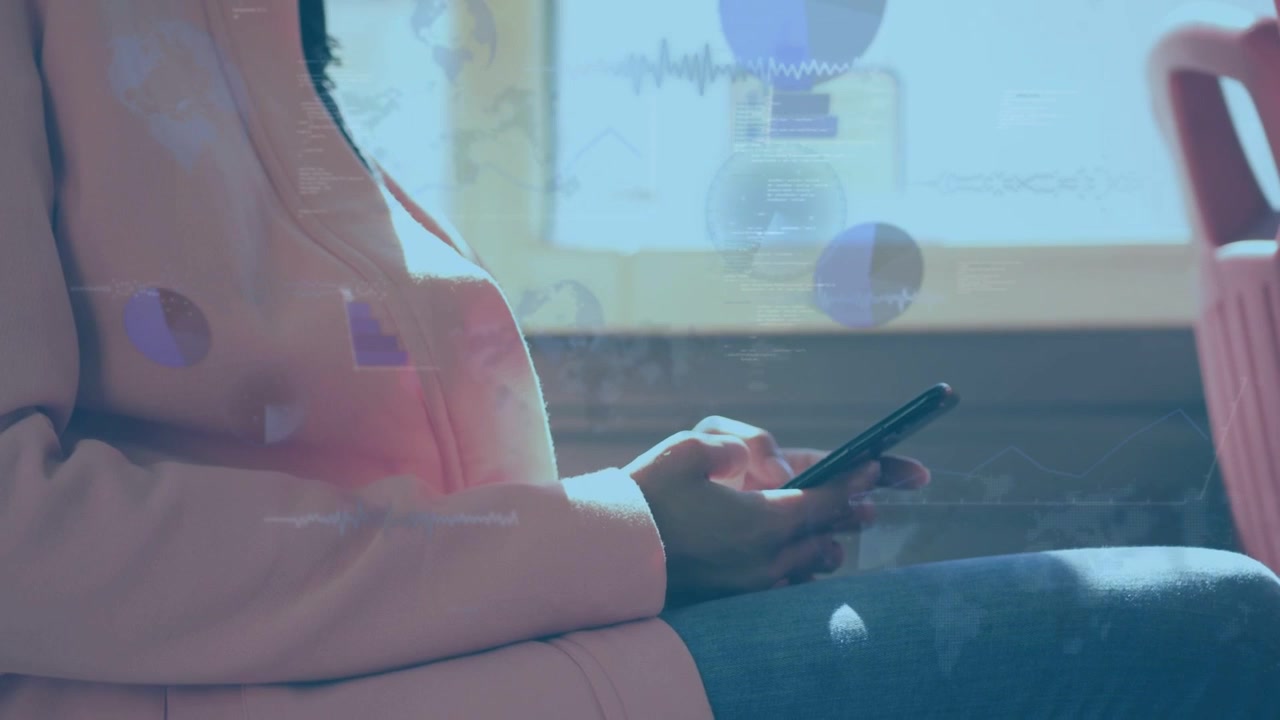 Mature woman tapping smartphone at window seat, causing HUD overlays building into tech data view