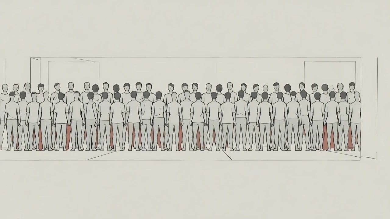 Panning camera revealing dense standing crowd filling long rectangular opening, showing floor lines
