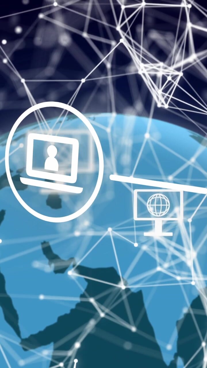 Animation af globus med ikoner og databehandling.