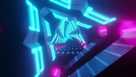 volando a través de triángulos de neón rotativos metálicos brillantes que crean un túnel, espectro azul rojo rosa violeta, luz ultravioleta fluorescente, iluminación moderna de colores, animación de bucle sin costuras de 4k