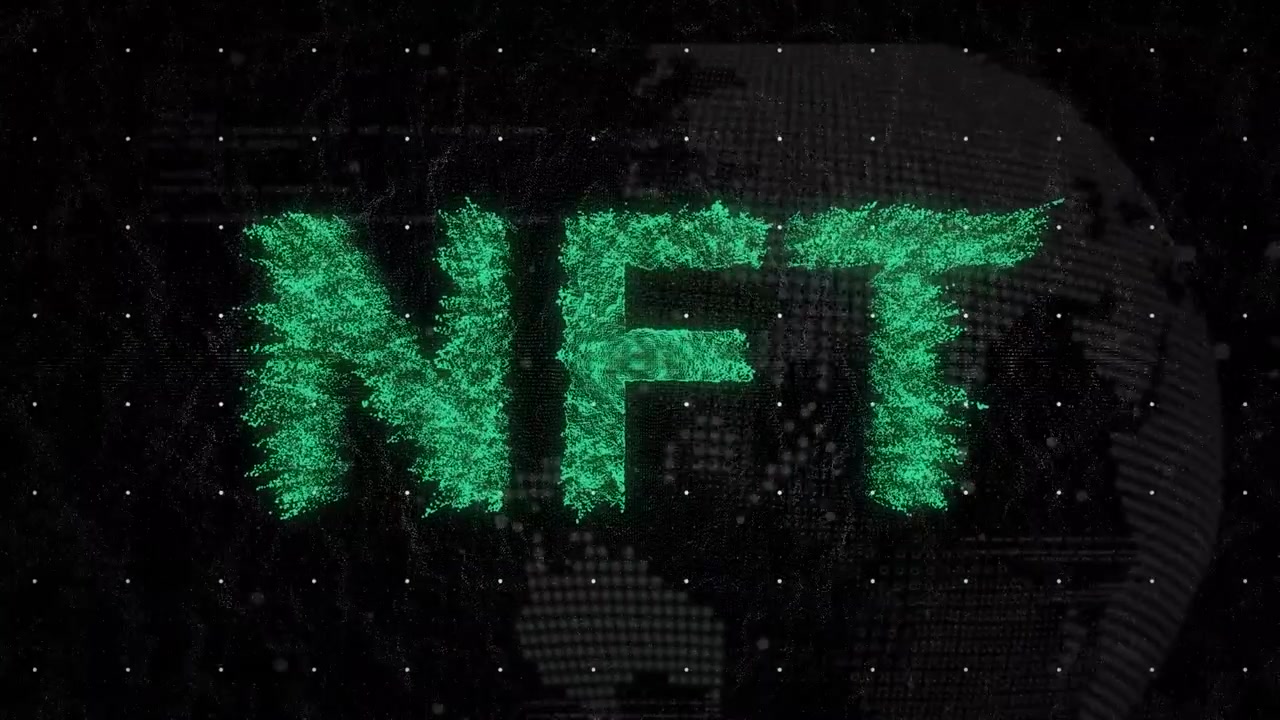 Animation af NFT-tekst over globus på sort baggrund
