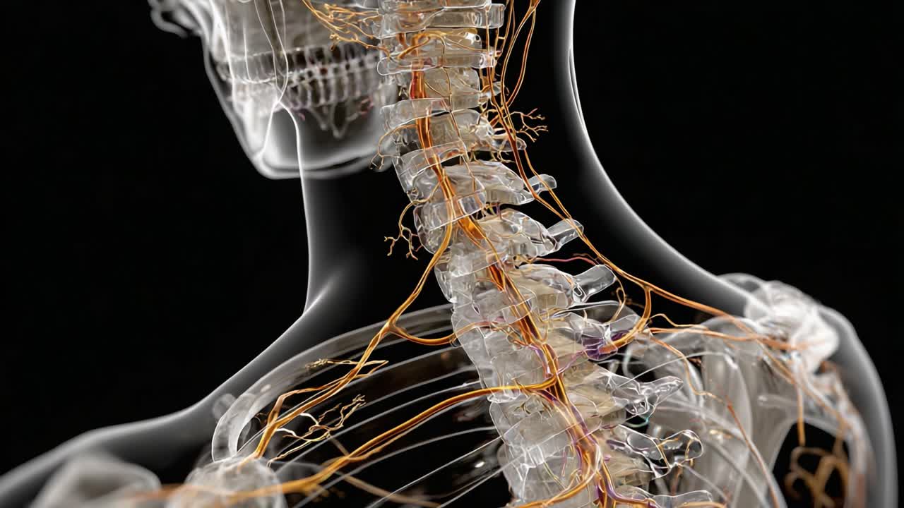 Una vista intricata della colonna vertebrale umana: un'esplorazione dettagliata della colonna vertebrale e dei percorsi nervosi in un modello anatomico trasparente.