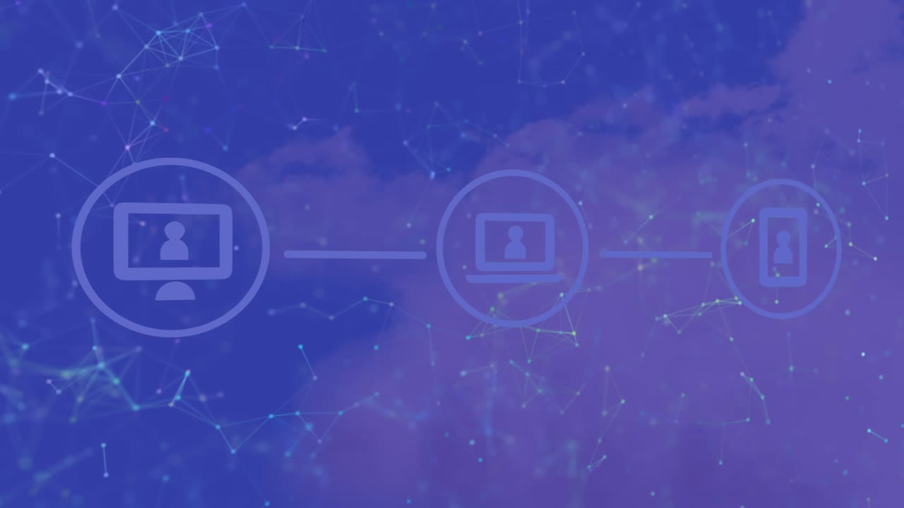 Animation of network of connections with icons on blue background