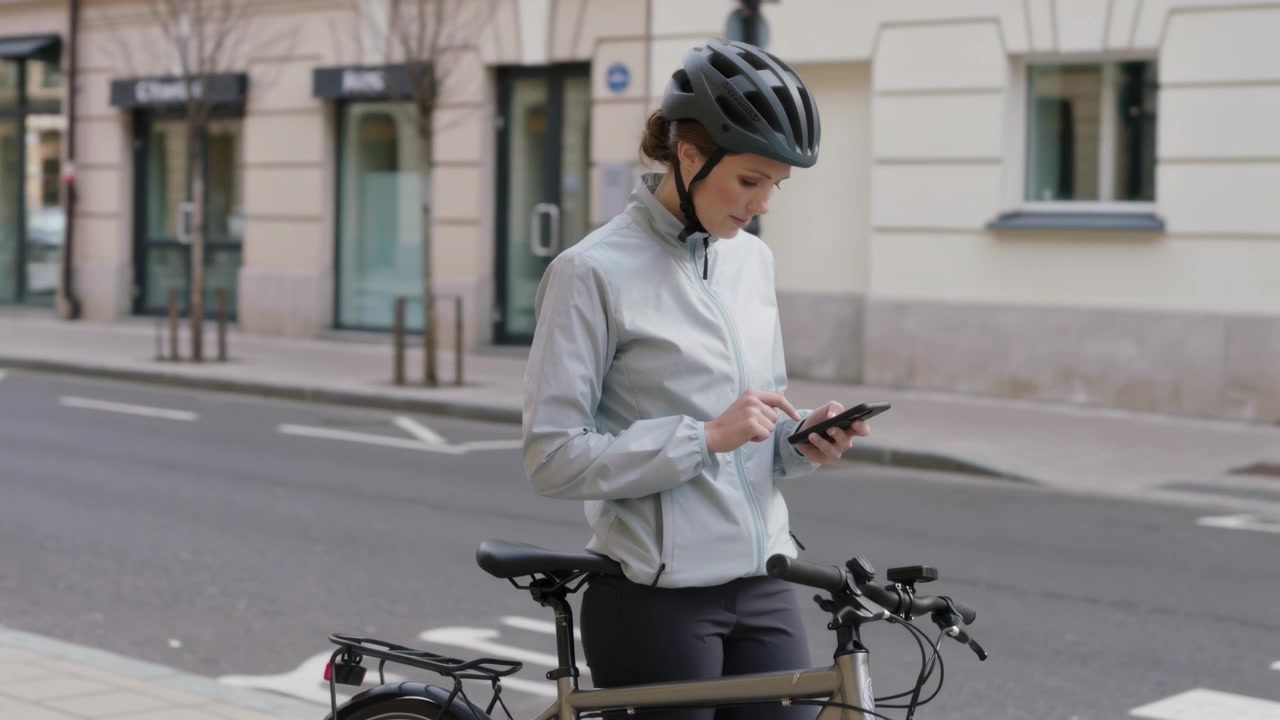 Ciclista in pausa con casco e giacca al marciapiede, che controlla il telefono e digita mentre tiene la bici per ripartire.